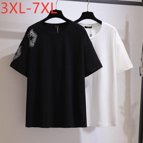 New 2021 Ladies Summer Plus Size Tops For Women Large Short Sleeve Loose Cotton Black Print O-neck T-shirt 3XL 4XL 5XL 6XL 7XL