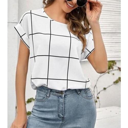 Printed Womens T-Shirts Summer Casual Loose Lattice Print Short Sleeve Womens T-shirts Round Neck All-match Wholesale Shirts
