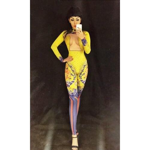 2020 Gold Rhinestone Sexy Jumpsuit Women Singer Dancer Stage Wear Bodysuit Leggings Costume Glisten Stone Clothing Performance