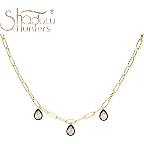 SHADOWHUNTERS Luxury 925 Sterling Silver Pear Pendant Necklace Dangle Water Drop Link Choker Black White Crystal Women Jewelry