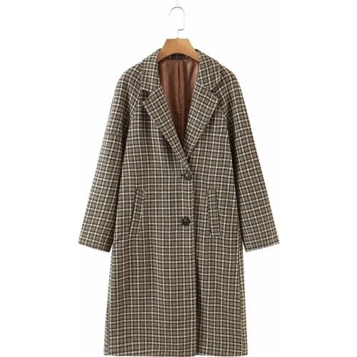 XIKOM Women 2021 Fashion Single Breasted Plaid Woolen Coat Vintage Long Sleeve Female Temperament Outerwear Chic Long Overcoat