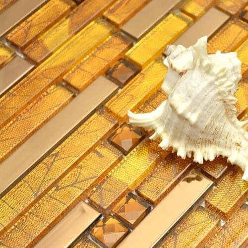 Golen crystal glass mixed stainelss steel & diamond strip mosaic tiles for wall backsplash mosaic tiles bathroom glass mosaic