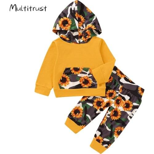 2020 Sunflower Toddler Baby Girl Clothing 0-24M Long Sleeve Hooded Tops Sweatshirt Floral Print Long Pants 2pcs Kids Casual Set