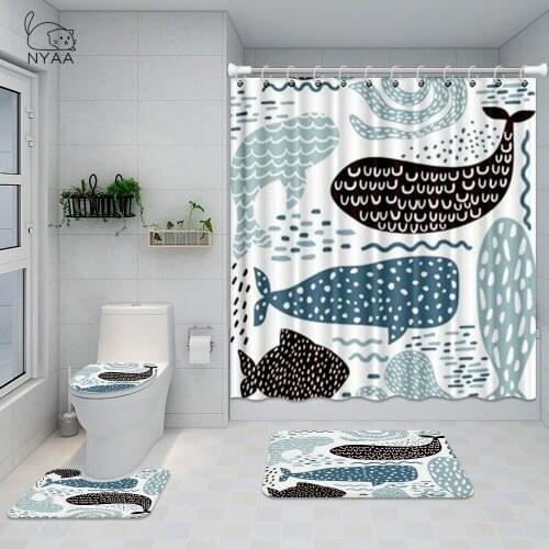 4pcs Bathroom Shower Curtain Funny Whale Scenery Waterproof Bath Curtain Set Toilet Cover Mat Non-Slip Bathroom Rug Set
