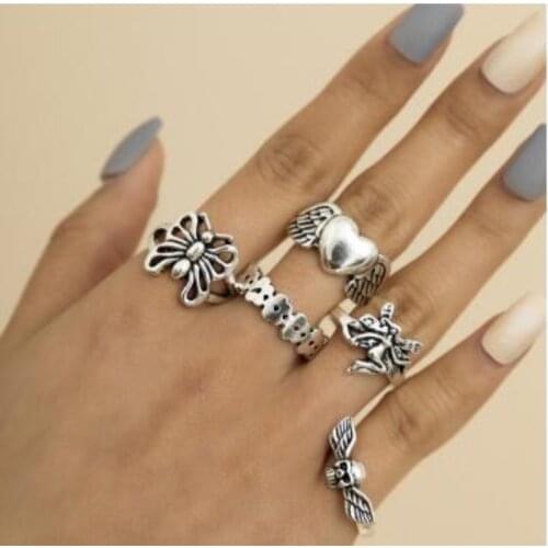 5pcs/set Vintage Hip Hop Ring for Women Peach Heart Hollow Butterfly Ring Joint Hip Hop Mens Ring Skull Wings Jewelry