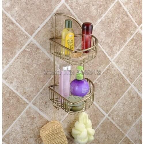 Antique Brass Wall Mounted Bathroom Accessory / 2 Tier Antique Brass Wall Mounted Large Corner Shower Storage Basket Wba055