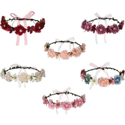 Floral Hair Wreath with Ribbon Pearl Adjustable Halo Bridal Faux Flower Garland Wedding Festival Party Photo Props