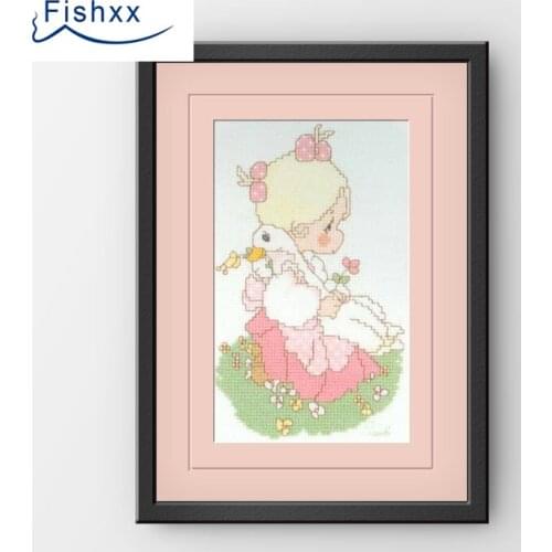 Fishxx Cross Stitch 14CT Kit European Style ChildrenS Bedroom Paintings H162 Girl And Big White Goose Ivory White Cloth
