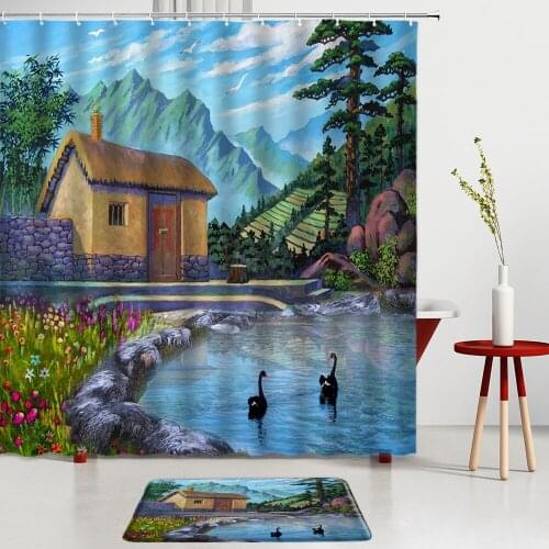 Oil Painting Landscape Shower Curtains Set Natural Scenery Bath Mat Entrance Door Mats Bathroom Room Decoration Carpets