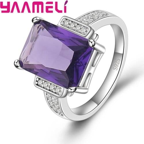 New Fashionable Genuine 925 Sterling Silver Purple Cubic Zircon Stone Finger Rings Crystal Jewelry For Women Men Present