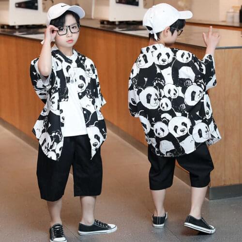 Trend Kids Boys Suits Cotton Shirt+Shorts Bottoms 2pcs Sets Summer Panda pattern Short Sleeve Coats Dress Cartoon White T-shirts