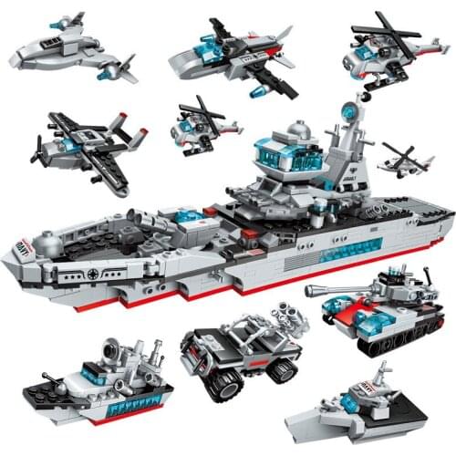 8 In 1 Military Warship Building Blocks Model Bricks Navy Aircraft Modern Army Warship Assemble Children Gifts Bricks DIY Toys