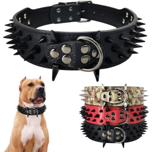 Strong Spiked Studded Collar For Medium Large Dogs Adjustable Leather Pet Dog Collars Heavy Duty Big Dog Collar Pitbull Bulldog