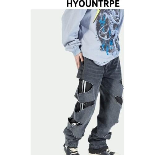 Men Side Ripped Holes Denim Jean Pants Hip Hip New Fashion Straight Patchwork Pants New Casual Jeans Streetwear Trousers Joggers