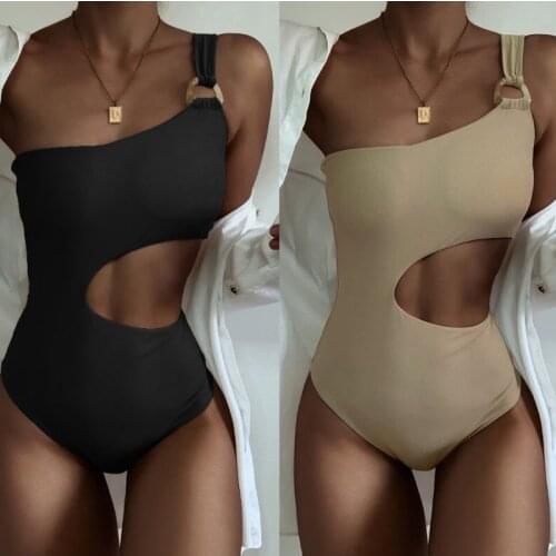 New Fashion Females Bathing Suits High Waist and One Shoulder Pure Color Swimsuits LXH