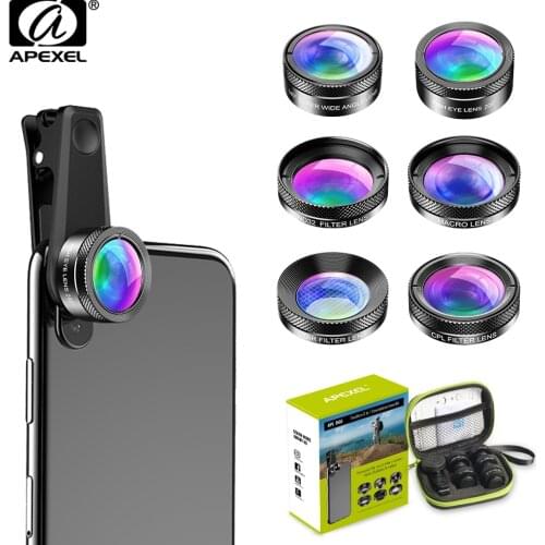 APEXEL 6 in 1 mobile Phone Camera Lens Wide Angle macro Lens Fish Eye Lens CPL/Star Filter ND32 for iPhone huaweall smartphones