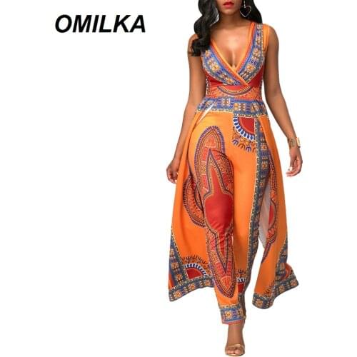OMILKA African Dashiki Ethnic African Printed Jumpsuit 2020 Summer Women Sleeveless V Neck Orange India Folk Club Beach Overalls