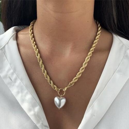 DIEZI Baroque Pearl Thick Chain Necklace 2020 New Heart Pendant Statement Necklace For Women Girls Gift Collier Femme Jewelry