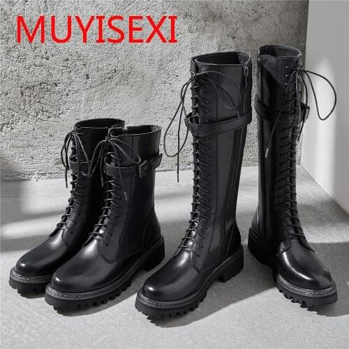 Full genuine leather lace up med heels punk superstar equestrian knee high boots buckle fasteners plus size 34-43 YT12 MUYISEXI