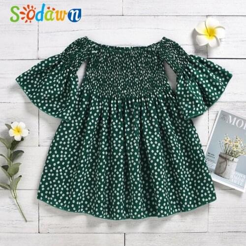 Sodawn Girls Dress Summer Holiday style Cotton Children Clothing Flowers Trumpet Sleeves Dresses