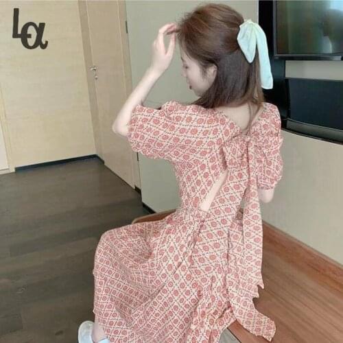 Luck A 2021 Summer New Open Back Bow A-line Pink Print Dress Short Sleeve V-neck Medium Long Bubble Sleeve Office Lady Patchwork