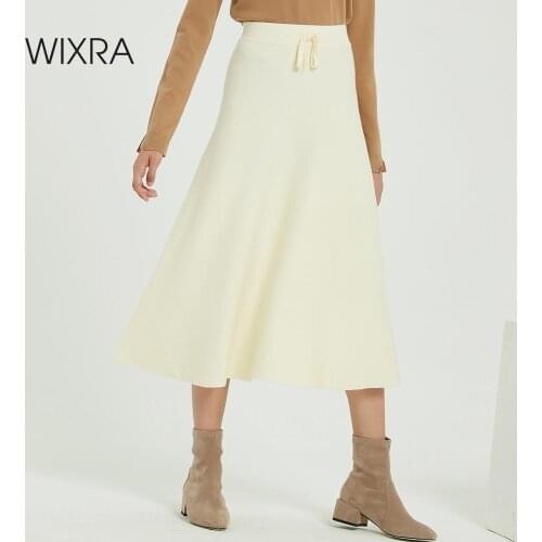 Wixra 2019 New Basic Solid Knitted Skirts Elegant High Waist Loose Lace-up A Line Skirt For Ladies Autumn Winter