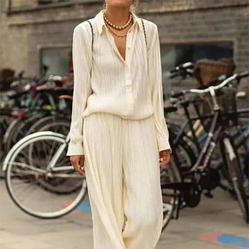 Woman Pant Suits Spring Autumn Loose Two Piece Set Casual Long Sleeve Button Tops Long Pants Outfit Elegant Office Shirt Suits
