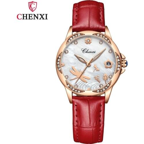 CHENXI Womens Casual Waterproof Luminous Luxury Fashion Diamond-studded Leather Strap Mother-of-pearl Dial Quartz Watch WA221