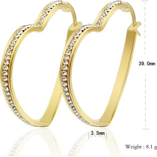 Newest Fashion Hoop Stainless Steel Earrings CZ Crystal Heart Gold Plated En Single Row Jewelry For Women Wholesales