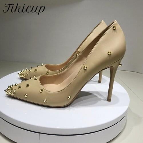 Tikicup Women Nude Matte Pointed Toe Stiletto High Heel Shoes with Spikes Fashion Ladies Rivets Party Pumps Plus Size 33 44 45