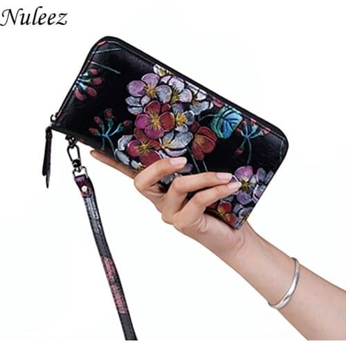 Nuleez Wallet Women Luxury Hand Engraving Floral Long Purse Classic and Elegant New Style 2021 Good Gift