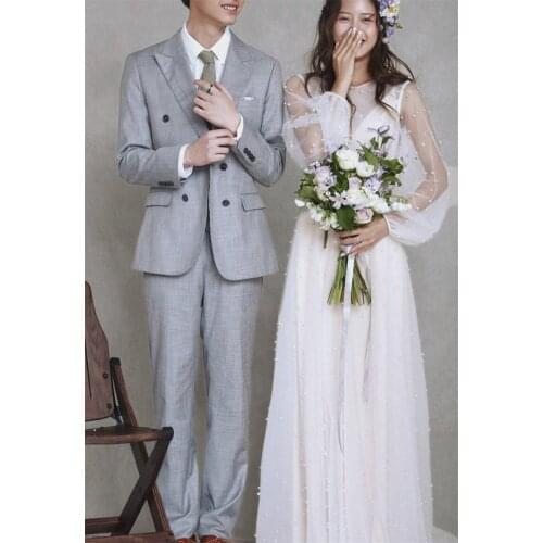 Simple Pearl Korea Style Floor Length Wedding Dress Elegant V-Neck Satin A-Line Bridal Gowns vestidos de mairee Wedding