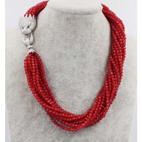 10rows red jade round faceted 4mm necklace leopard clasp 19inch wholesale bead discount gift hot