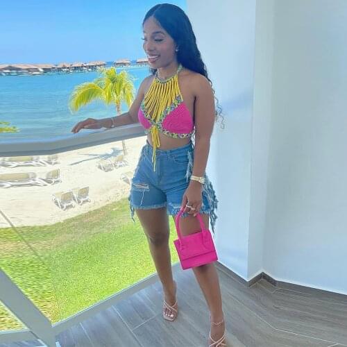 Side Tassels Patchwork Streetwear Denim Short Women High Waist Hollow Out Ripped Jeans Summer Beachwear Washed Bodycon Shorts