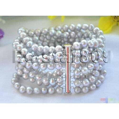 8row 8" 7mm Gray Round Freshwater Cultured Pearl Bracelet Magnet Noble style Natural Fine jewe Fast (D) SHIPPING