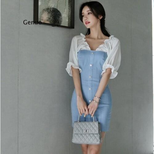 Elegant Office Dress 2021 Summer V-Neck Ruffles Half Chiffon Puff Sleeve Single Row Decorative Buttons Stitched Mini Denim Dress