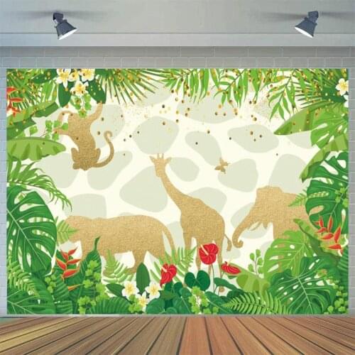 Safari Jungle Party Backdrops For Boys Birthday Green Leaves Gold Animals Shadow Giraffe Lion Wild One Photography Backgrounds