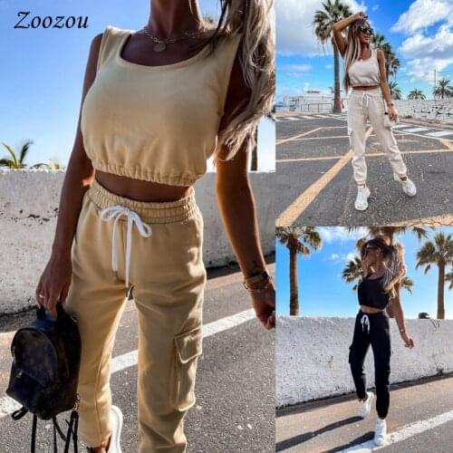 Summer Tank Crop Tops Sweatpants Set for Women Pockets Casual Outfits Sport Joggers 2 Piece Sets Tracksuit Sleeveless Sweatsuit