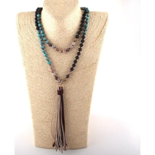 MOODPC Fashion Bohemian Tribal Jewelry 108pc Stone Beads Knotted Multi Gray Color Tassel Necklace Women Ethnic Necklace
