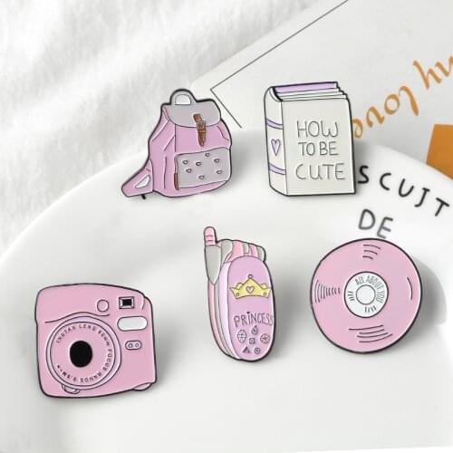 Cartoon Cute Pink CD Mobile Phone Camera Book Brooches Pin Enamel Icon for Jackets Backpack Shirt Pin Button Metal Badge Jewelry