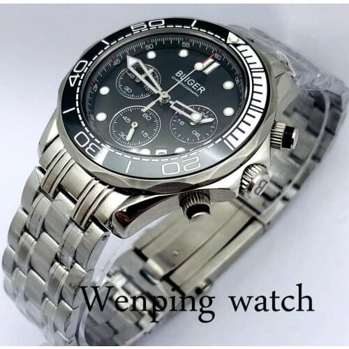 Bliger new 41mm silver case sapphire glass ceramic bezel black dial date luminous chronograph quartz movement mens quartz watch