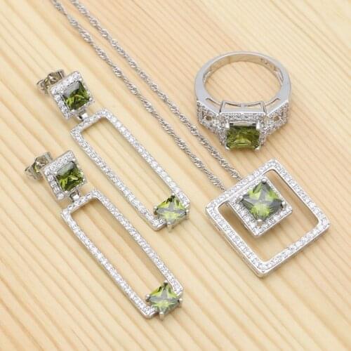925 Sterling Silver Jewelry Sets For Women Olive Green Cubic Zirconia White Crystal Earrings Pendant Necklace Ring Set