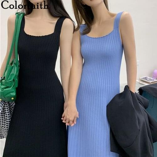 Colorfaith New 2021 Womens Spring Autumn Dresses Knitted Fashionable Korean Style Elegant Sleeveless Vintage Long Dress DR40054