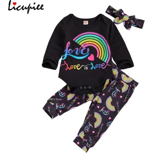 New Born Girls Rainbow Suit Colorful Letter Print Long Sleeve Crew Top Long Pants and Hairband 3 Pcs Suits 0-18 Months