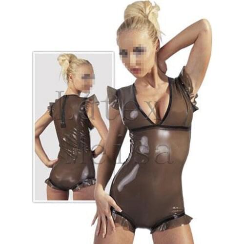 Low-breast design transparent black latex bondage suit what is made of flexible & natural latex materials