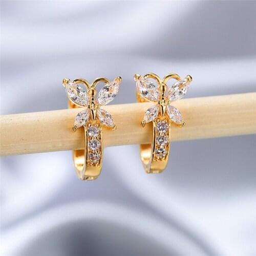 Luxury Female White Hoop Earrings Cute Gold Silver Color Wedding Earrings Trendy Small Crystal Butterfly Earrings For Women