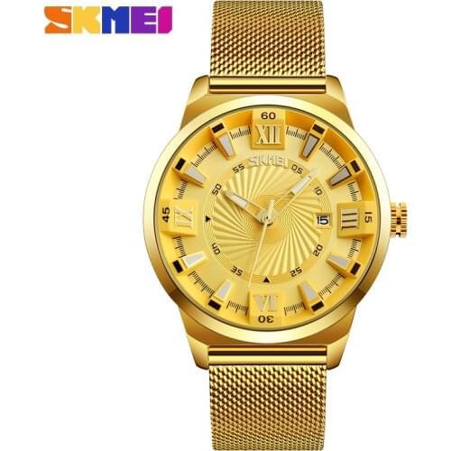 SKMEI Brand Business Mens Watches Luxury Golden Steel Mesh Band Quartz Wristwatches Original 9166 relogio masculino