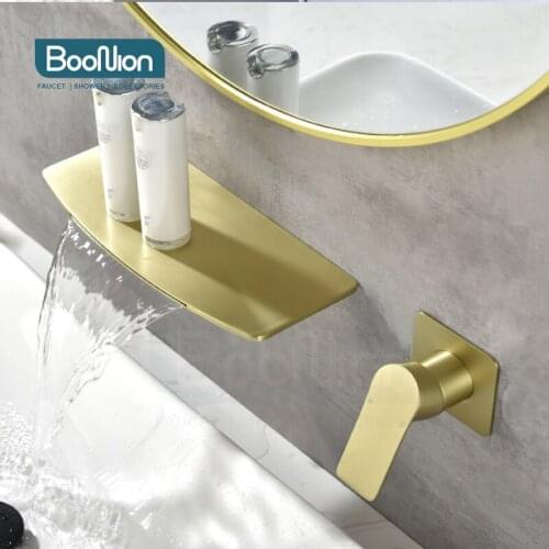 Boonion Stainless steel Brushed gold Hot And Cold Water Bathroom Faucet Wall Mount Mixer Wash Basin Bath Scandinavian Style