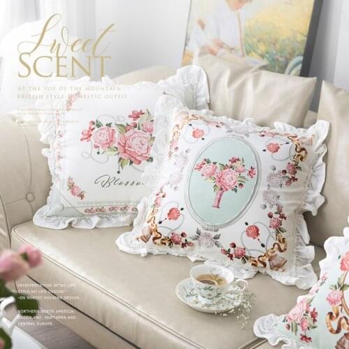 French Style Light Luxury Top Quality Pillowcase with Flounce Edge Floral Printed Customized Pillow with Inner Living Room Decor