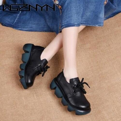 NEW Pumps Women Shoes Spring Autumn Genuine PU Leather Lace-Up Retro Leisure Round Toe Handmade Platform Heels Ladies Shoes